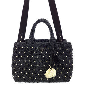 Prada Crochet Net Raffia Tote Shoulder Bag